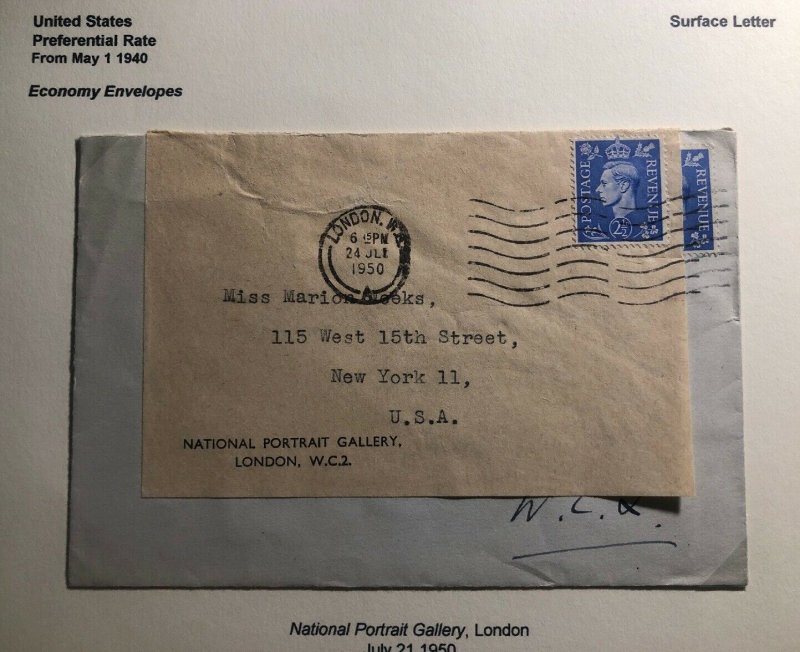 1950 London England national Gallery  Economy Label Cover To New York USA