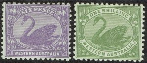 WESTERN AUSTRALIA 1912 SWAN SET 6D AND 1/- WMK CROWN/ SINGLE LINED A 