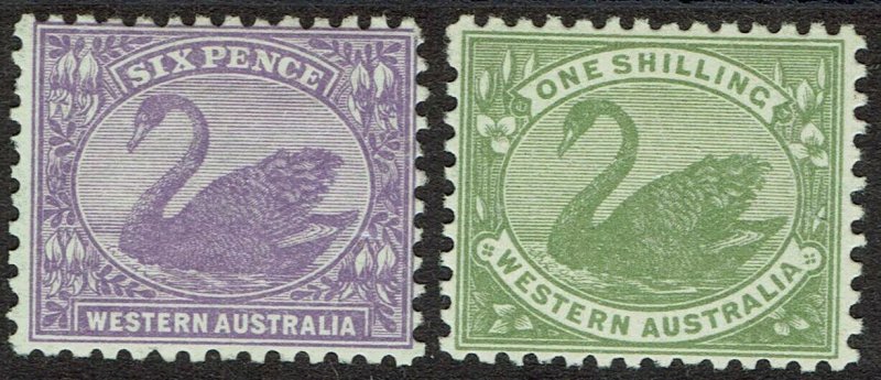 WESTERN AUSTRALIA 1912 SWAN SET 6D AND 1/- WMK CROWN/ SINGLE LINED A 