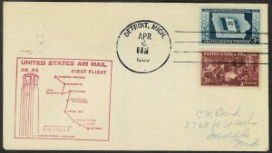 U.S.A AM86 1953 Detroit, Mich to Houghton, Mich First Flight Cover