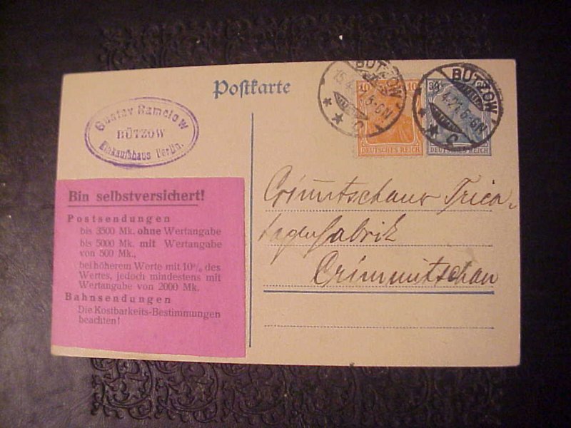 1921 PRE PAID GERMAN POST CARD GUSTAV RAMCLAW BUTZOW EINKAUFHAUS BERLIN