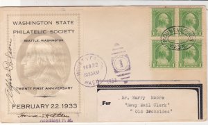U.S. 1933 Washington State Phil. Soc. 21st Ann Illust 1Mark Stamps Cover Rf34455