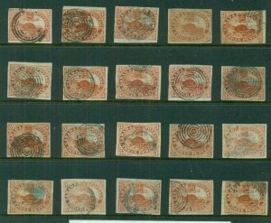 CANADA #4, 3p Beaver, Study group of 20 used 4 mgn stamps, Scott $4,500.00