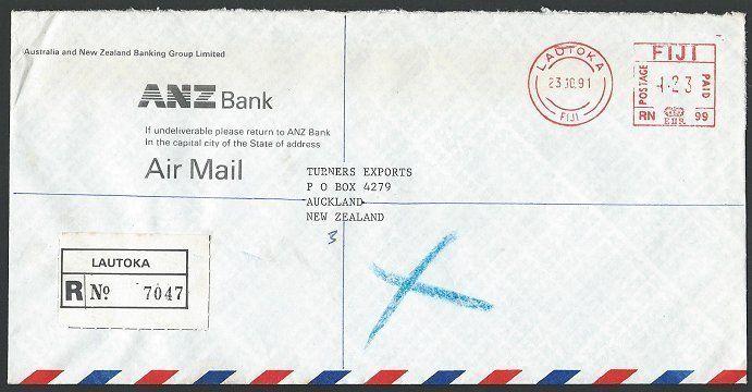 FIJI 1991 Registered cover to NZ, ex LAUTOKA, ANZ Bank meter...............13246