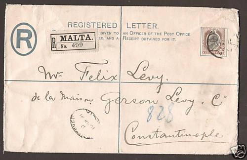 Malta Sc 37 uprates H&G C3 1908 Registered Entire