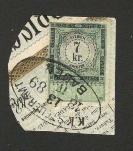 AUSTRIA  - USED FRAGMENT WITH REVENUE FUSCAL STAMP, 7 KRONE -1888. 