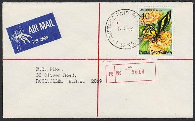 PAPUA NEW GUINEA 1975 Reg cover POSTAGE PAID RELIEF No.1 cds.................H17