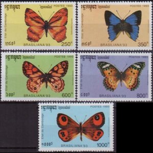 CAMBODIA 1993 - Scott# 1278-82 Butterflies Set of 5 NH