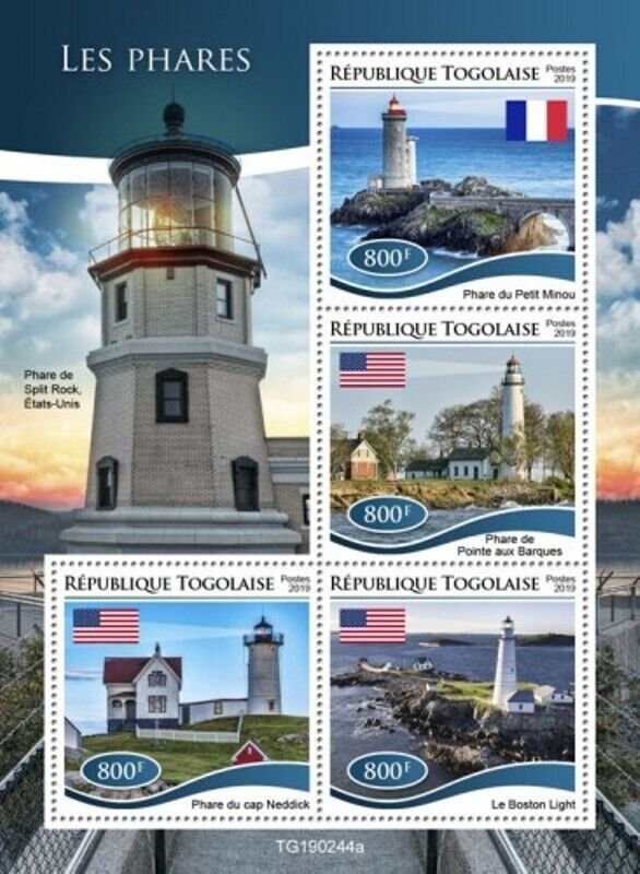Togo - 2019 Lighthouses on Stamps - 4 Stamp Sheet - TG190244a