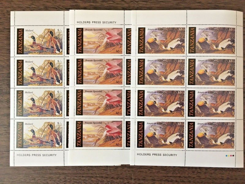 TANZANIA 1986 - 3 MINI SHEETS - Audubon BIRDS - MINT/NH, Free Shipping