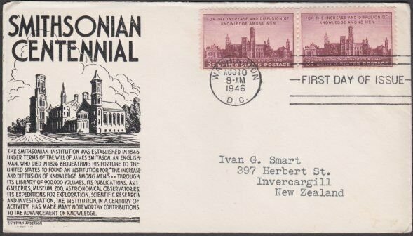 USA 1946 SMITHSONIAN - C Stephen Anderson FDC to New Zealand................M467