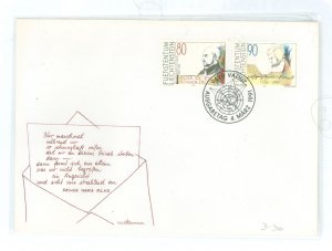 Liechtenstein 957-8 1991 Wolfgang & St. Ignatius of Loyola (set of two)on an unaddressed cacheted first day cover.