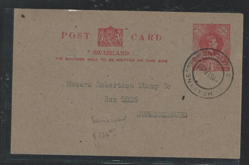 SWAZILAND (P1106B) 1951 KGVI 1D PSC MBABANE TO JOHANNESBURG WITH MSG