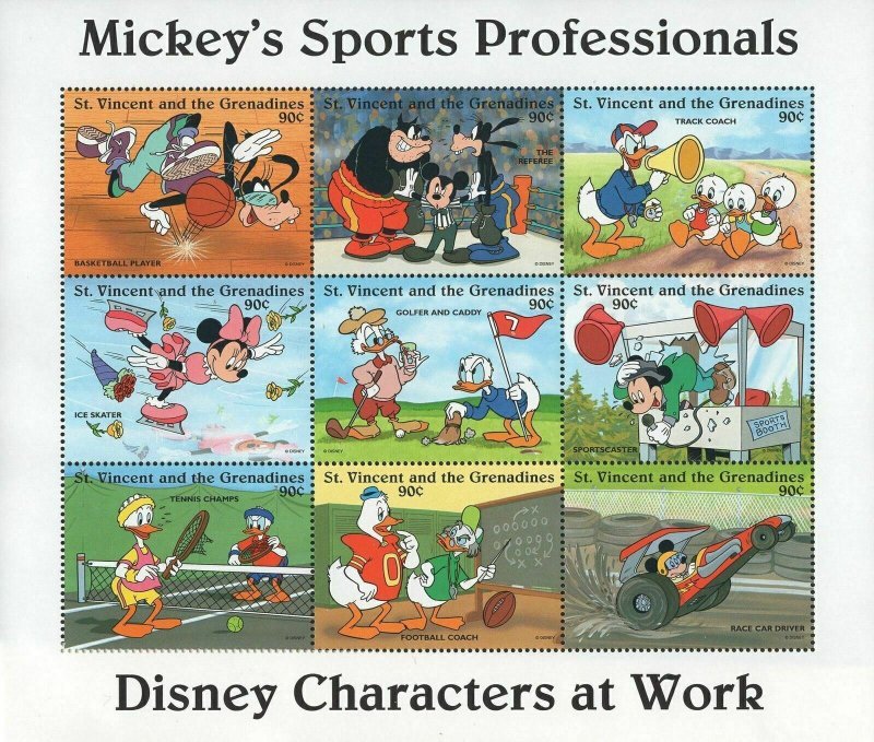 St. Vincent Disney Mickey's Sports Pro. Football Tennis Basketball Suv. of 8 MNH 