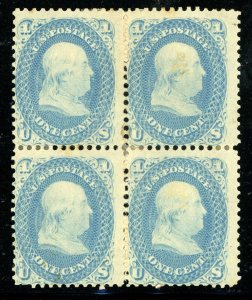 USA 1861 Franklin 1¢ Pale Blue Block of Four Scott # 63 Mint Q290