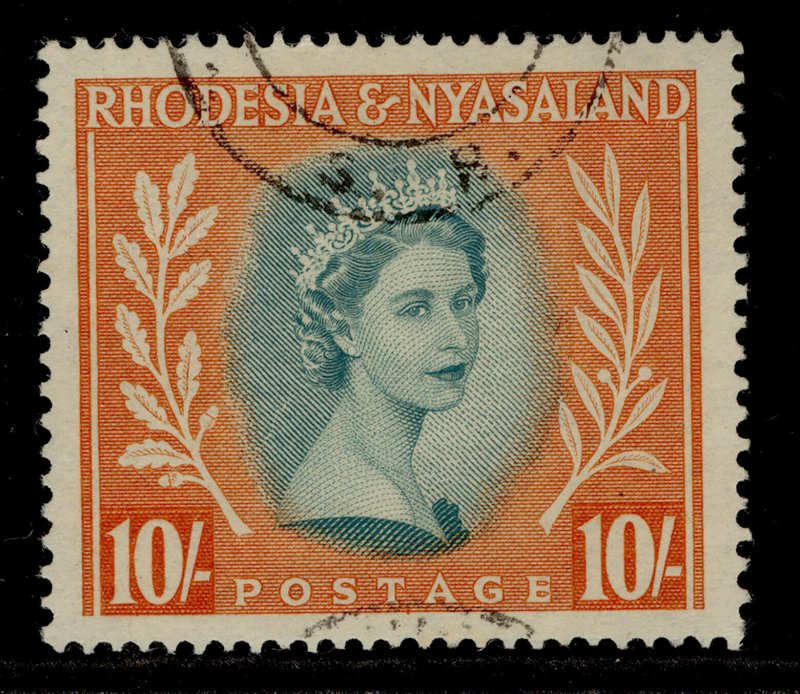 RHODESIA & NYASALAND QEII SG14, 10s blue-green & orange, FINE USED. Cat £11. 