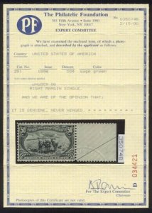 U.S. #291 CHOICE Mint VF NH w/ Cert - 1898 50c Trans-Mississippi  