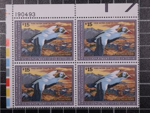 Scott RW59 1992 $15.00 Duck Stamp MNH Plate Block UL 190943 SCV - $125.00