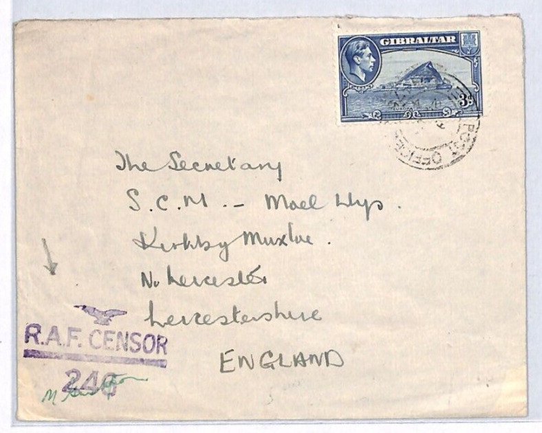 GIBRALTAR WW2 KGVI Cover *RAF CENSOR*246* 3d ROCK GB Leics {samwells-covers}YW51