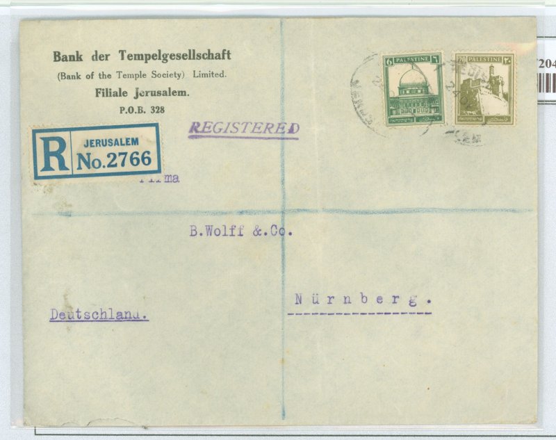 Palestine 68/77 1927 Registered to Nurnberg, rough opening at bottom.