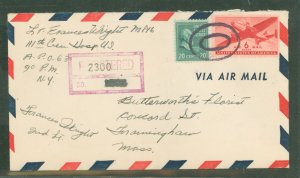 US  April 27, 1945 - registered airmail-US Army postal service branch 63 to Framingham, MA, from Lt. Frances Wright at the 111th