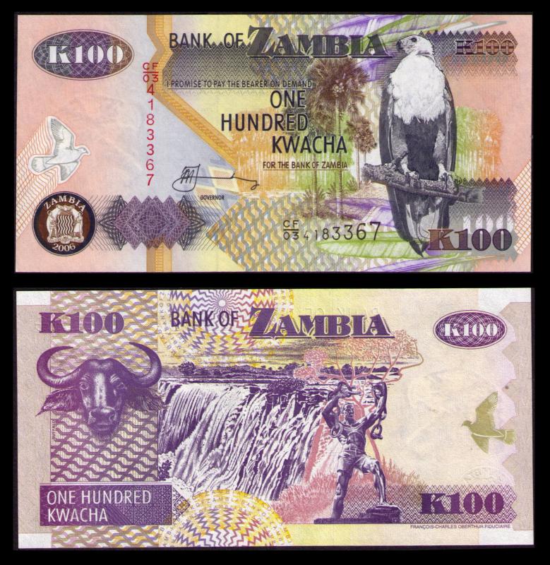 ZAMBIA 2006, 100 KWACHA BANKNOTE CRISP UNCIRCULATED PAPER MONEY KP CAT #38f