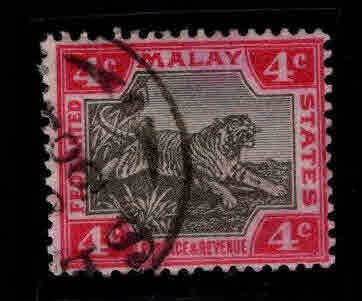 Federated Malay States Scott 20 Used Tiger stamp Rose and Black colorful