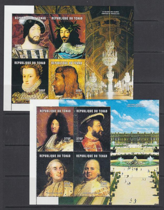 Chad Sc 911-914 MNH. 2001 French Royalty and Rulers, cplt set of 4 sheets, VF