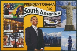 Canouan Stamps 2011 MNH Barack Obama Visits South America US Presidents 3v MS II