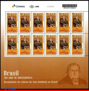 3417 BRAZIL 2019 JOSE BONIFACIO, CELEBRITY, 200 YEARS INDEPENDENCE, SHEET MNH