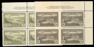 Canada #269-270 Cat$46.50, 1946 10c and 14c, plate blocks of four, never hinged