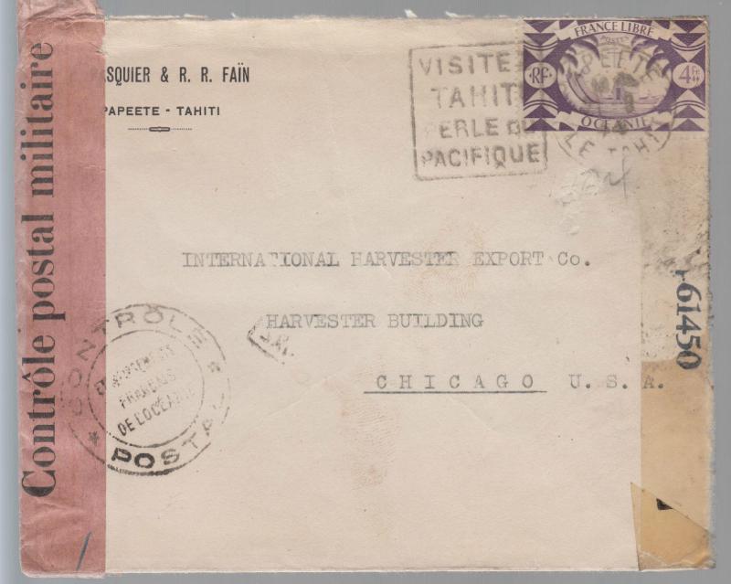 1944 Papeete Tahiti Censored Dual Cover to USA 