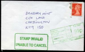 STAMPS INVALID / Unable to Cancel 2002 QEII 1st Class 99p Postage Due