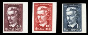 Hungary #848-850 Cat$30, 1949 Petofi, imperf. set of three, never hinged