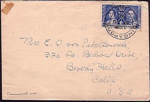 SINGAPORE STRAITS SETTLEMENTS 1937 12c Coronation on cover to USA..........34578