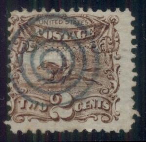 US #113 2¢ brown, used w/blue ring cancel, Scott $115.00