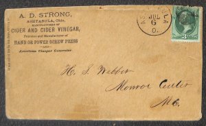 USA 147 STAMP A. D. STRONG CIDER VINEGAR ASHTABULA OHIO ADVERTISING COVER 1870s