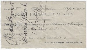 1892 - City  Weight Ticket - Great Falls, Montana - Ephemera 1095