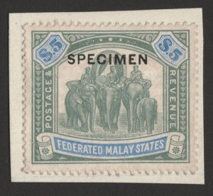 FEDERATED MALAY STATES 1904 Elephants $5, wmk mult crown, SPECIMEN. Unique!