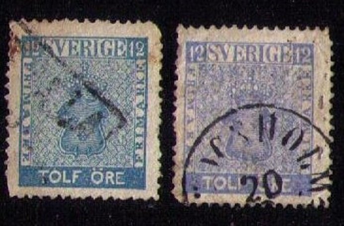 SWEDEN Scott #8-9 Used Blue & Ultra Shades 12 ore F-VF 1858/1861