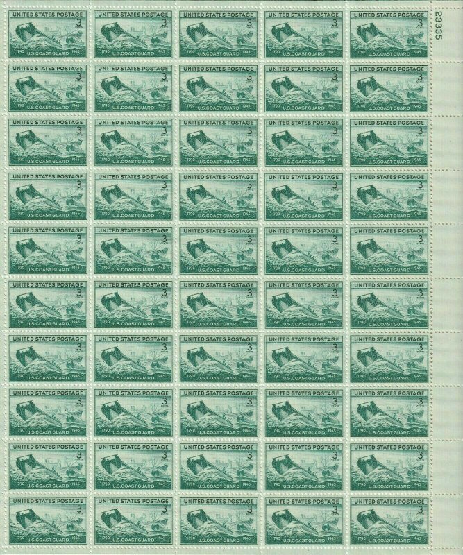 U.S. Coast Guard Complete Sheet of Fifty 3 Cent Postage Stamps Scott 936 