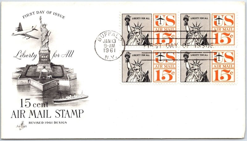 US FIRST DAY COVER REVISED DESIGN 15c AIRMAIL BLOCK OF (4) ON ART CRAFT CACHET