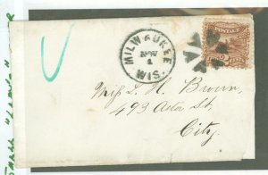 US 113 1869 2c Pony Express on a petite ladie's cover with a fancy circle of hearts Milwaukee po...