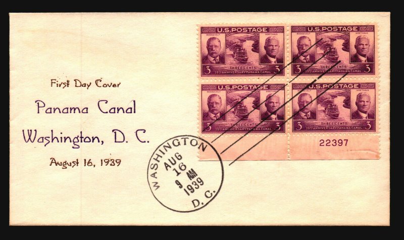 US SC# 856 FDC / Purple & Gold Cachet / Plate Block / DC CDS - Z20057