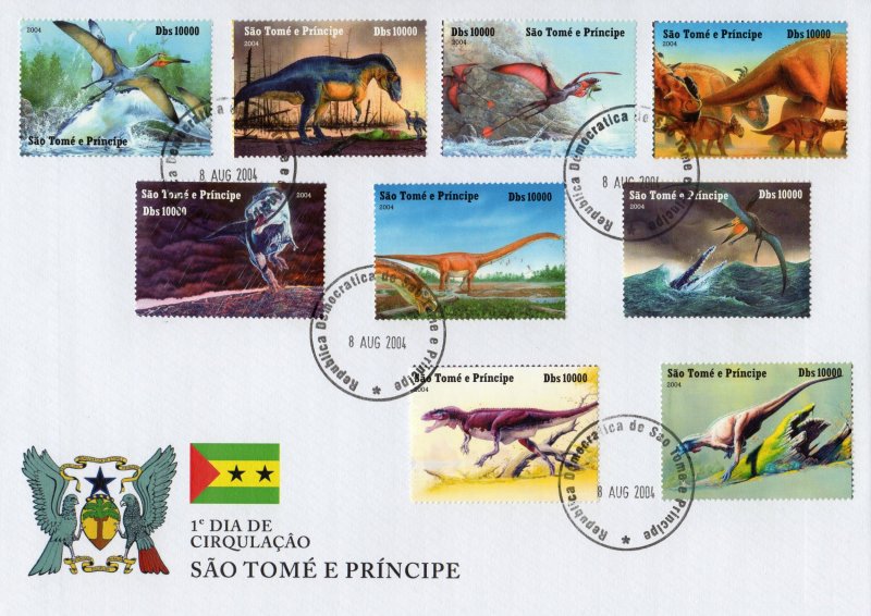 St.Thomas & Prince 2004 Dinosaurs Set (9) Perforated Official FDC