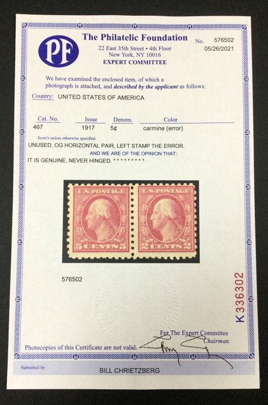 MOMEN: US STAMPS #467 5c ERROR MINT OG NH PF CERT LOT #84143