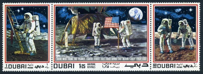 Dubai 118 ac strip, MNH. Michel 362-364. Man's 1st landing on the Moon, 1969.