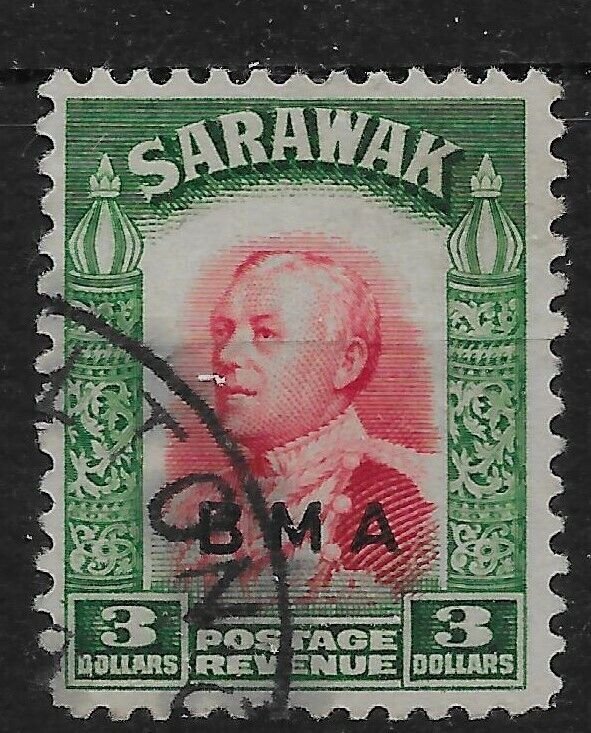 SARAWAK SG142 1945 BMA $3 CARMINE & GREEN USED