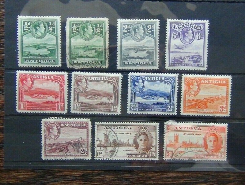 Antigua KGVI range 1938 values to 2/6 HMM or Used 1946 Victory odd defect