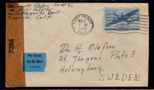 US Sc #C30 Postal Cover 1943 Long Beach Calif. To Sweden (Europe) F-VF